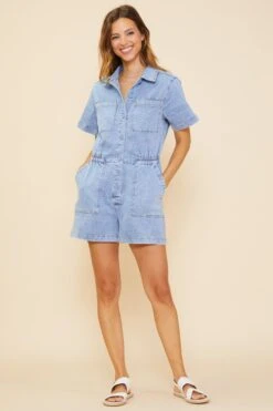 Washed Denim Short Sleeve Romper