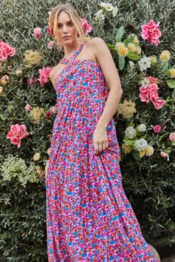 Bohemian Floral Crossed Neck Maxi Dress
