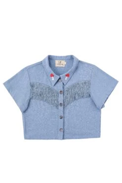 Blue Linen Mushroom Fringe Blouse