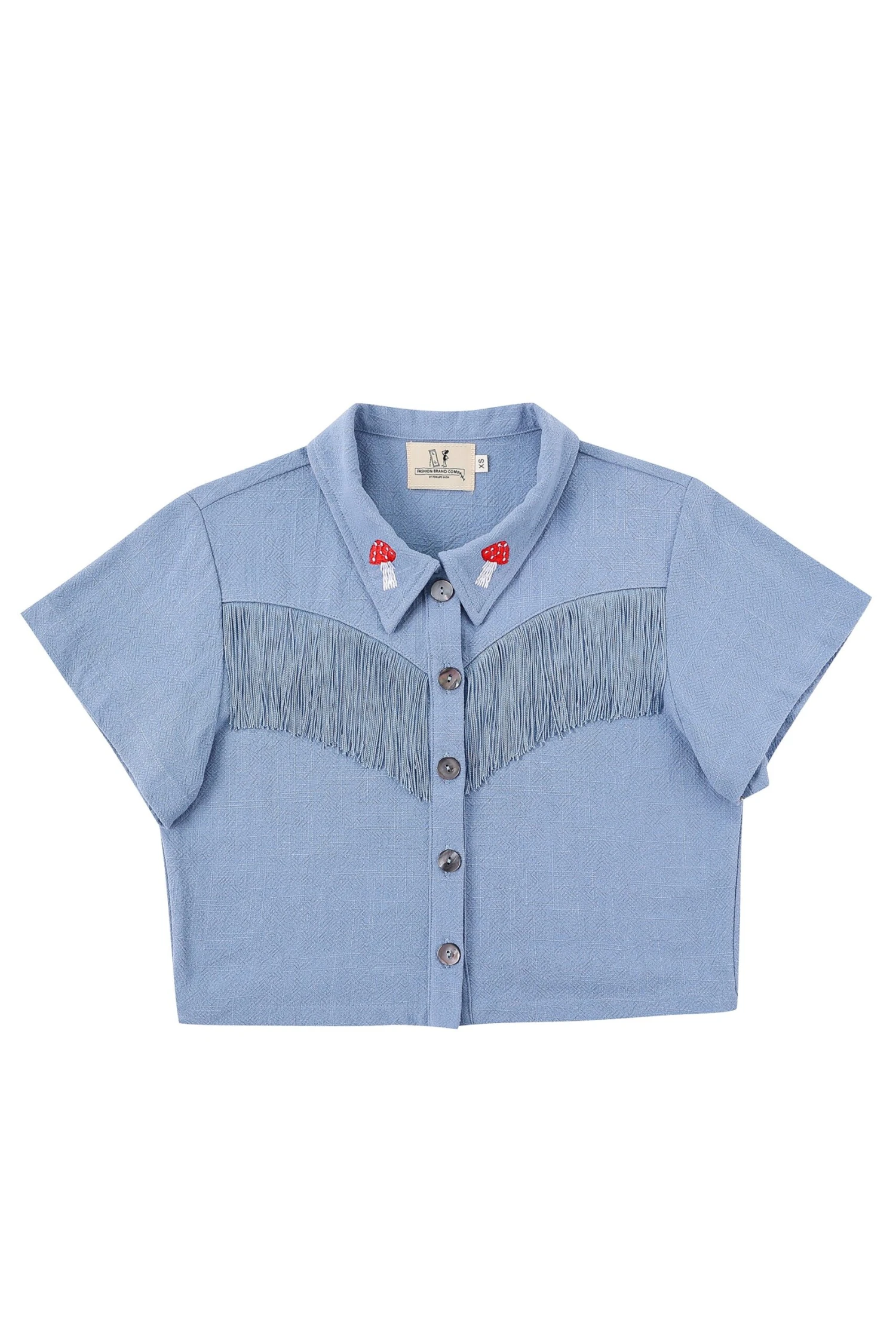Blue Linen Mushroom Fringe Blouse