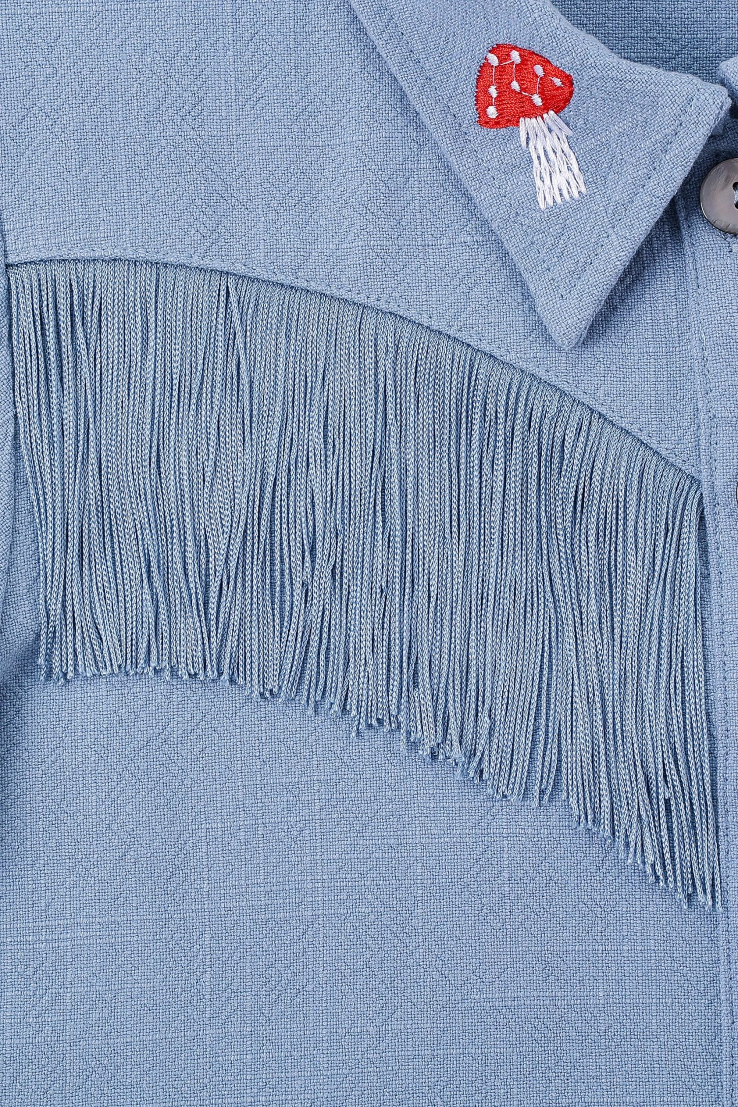 Blue Linen Mushroom Fringe Blouse - Image 3