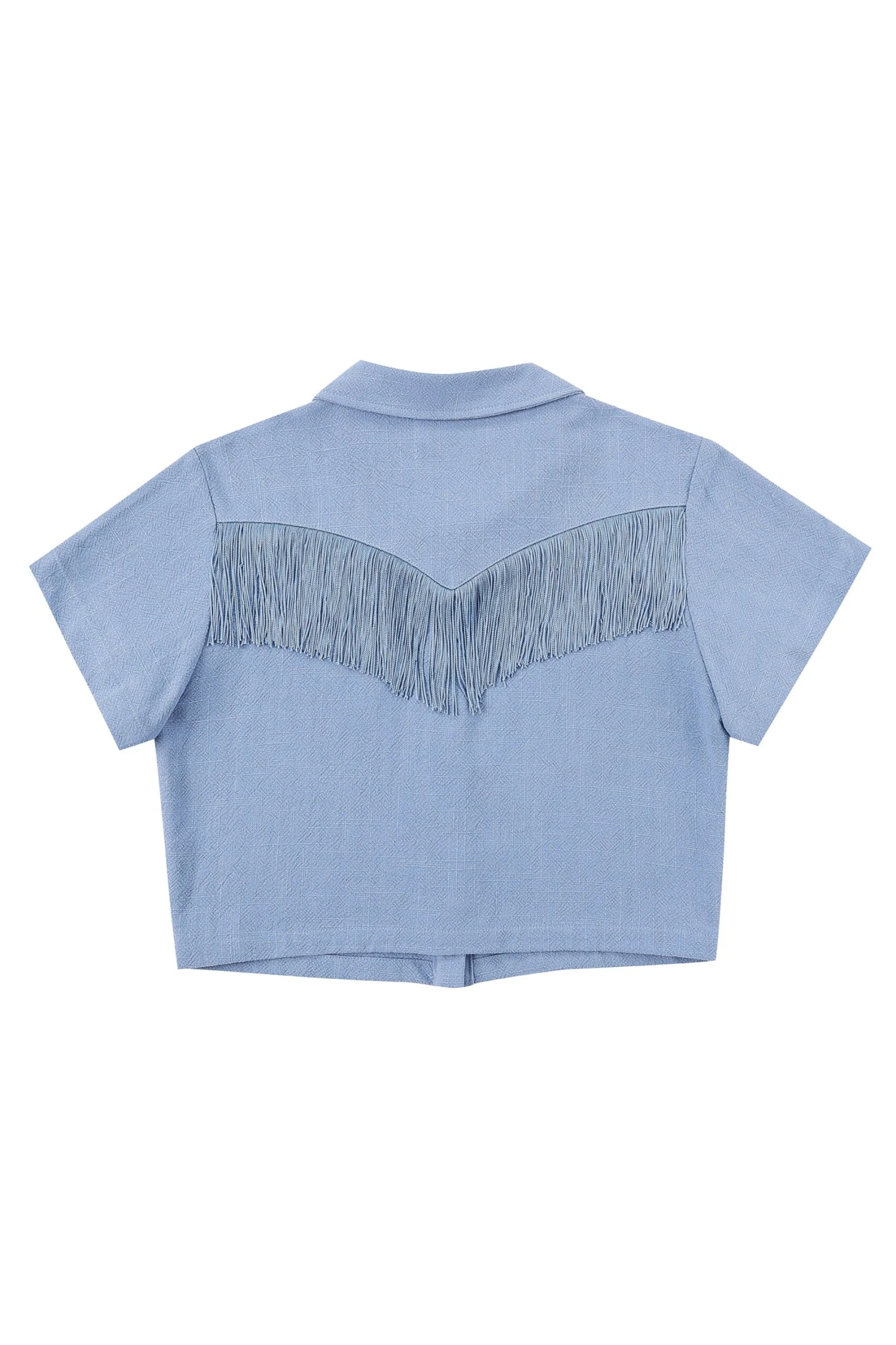 Blue Linen Mushroom Fringe Blouse - Image 4