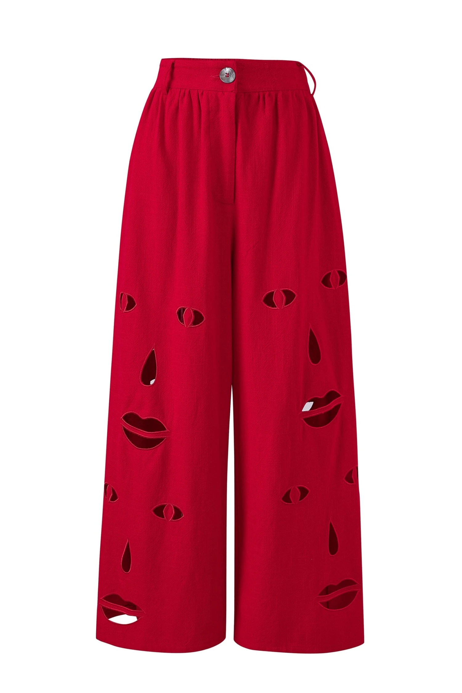 Face Cut Out Linen Wide Leg Trousers Red - Image 3