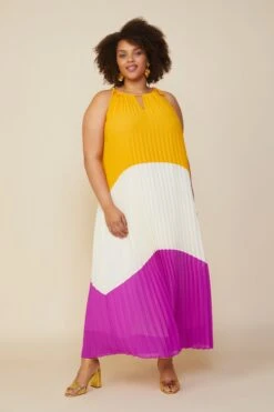 Plus Size - Pleated Color Block Maxi Dress