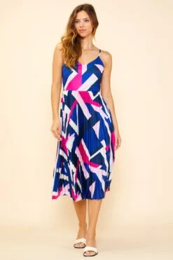Geo Print Pleated Midi Dress