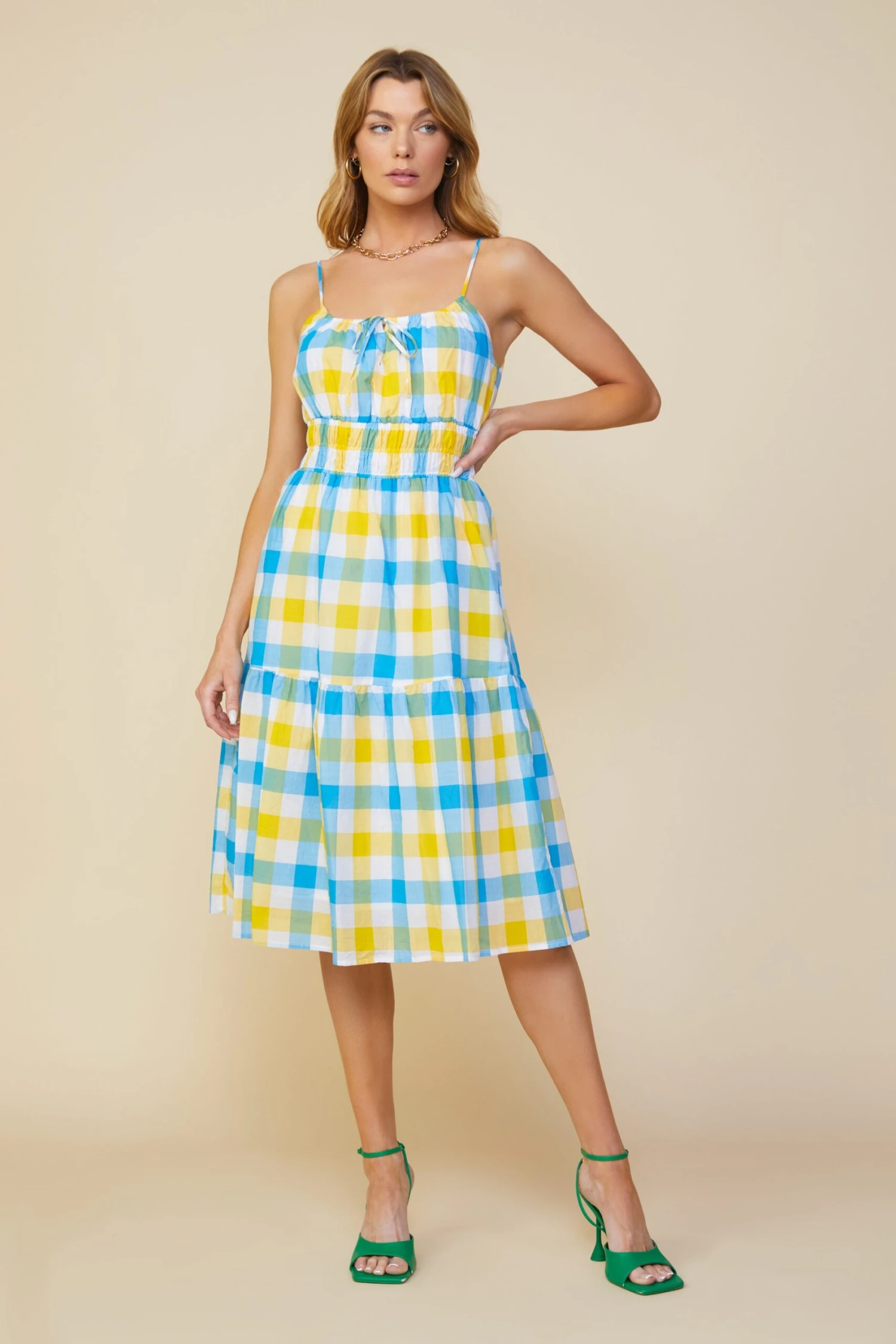 Gingham Shirred Midi Dress