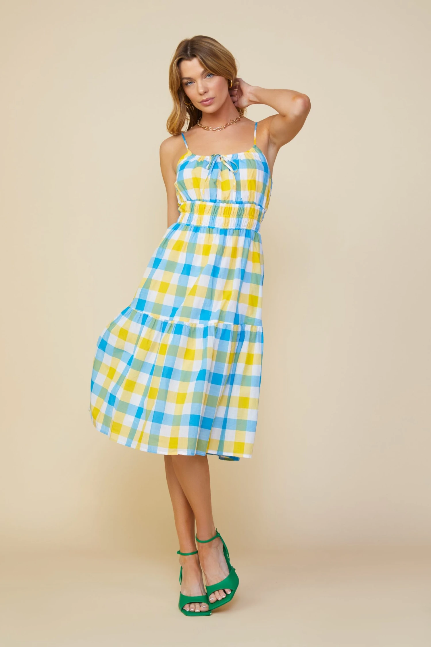 Gingham Shirred Midi Dress - Image 2
