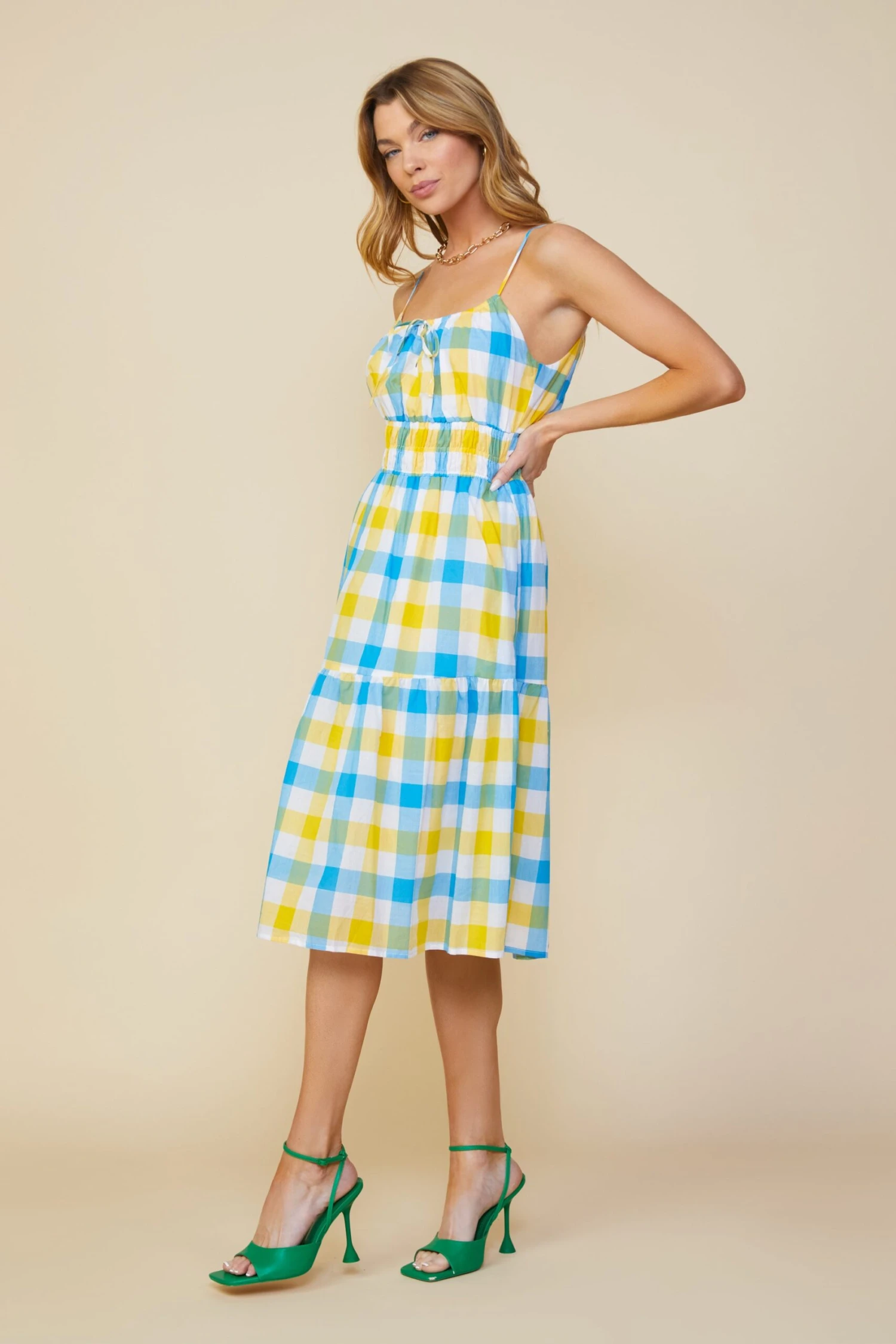 Gingham Shirred Midi Dress - Image 4