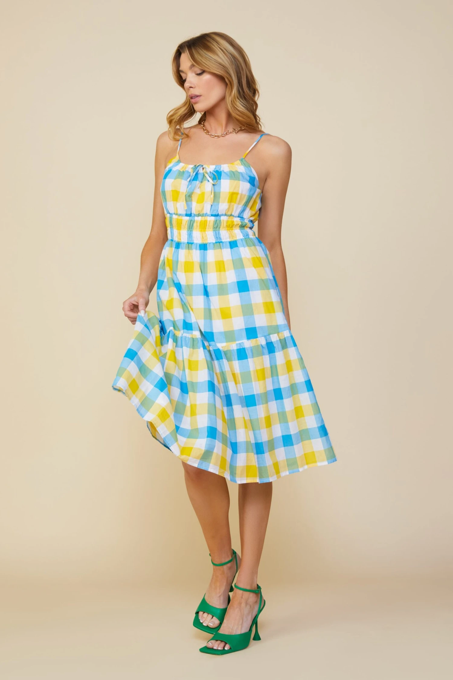 Gingham Shirred Midi Dress - Image 3