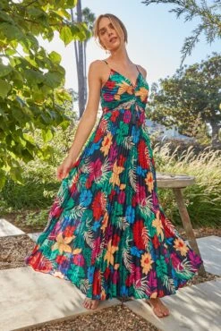 Tropical Front Tie Pleated Dress
