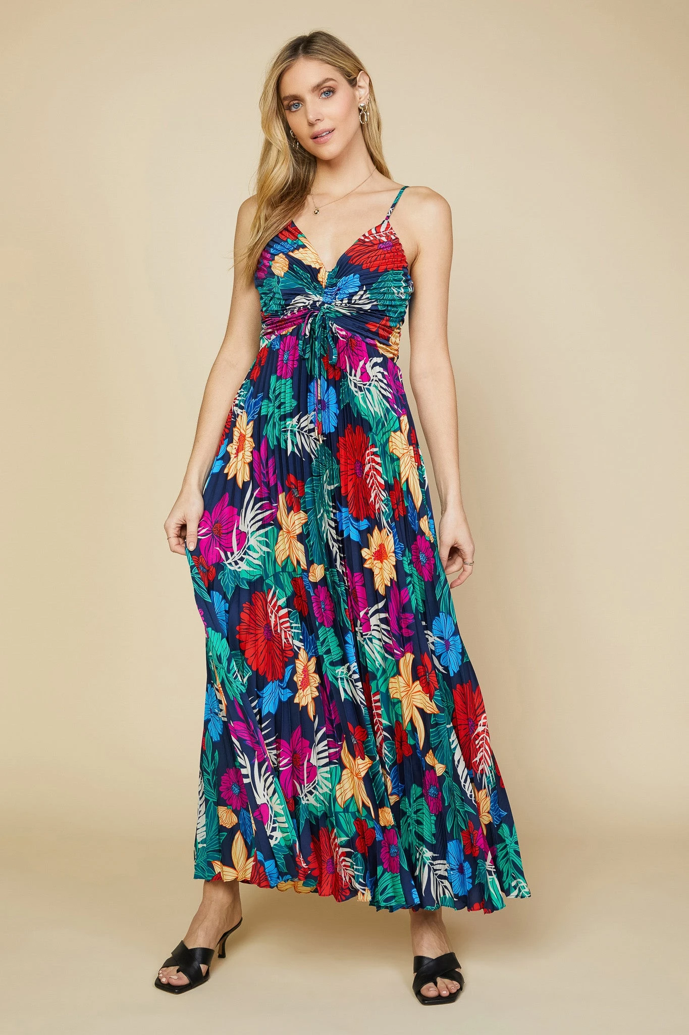 Tropical Front Tie Pleated Dress - Image 4
