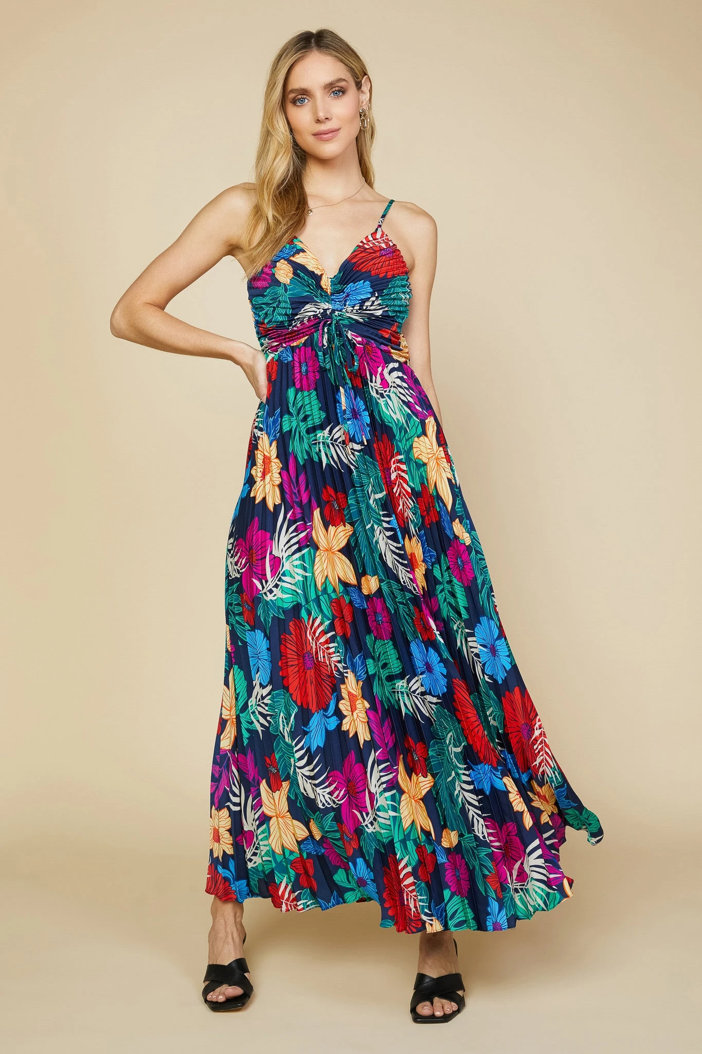 Tropical Front Tie Pleated Dress - Image 3