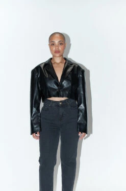 Plant Faux Leather Black Crop Blazer