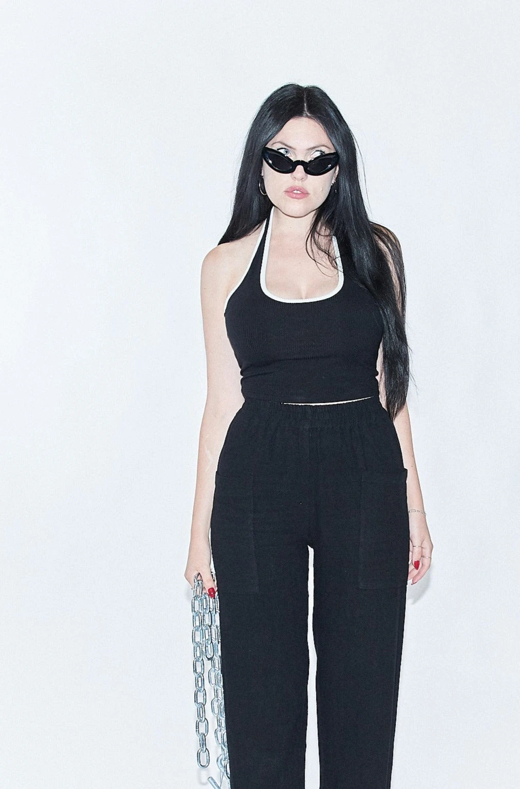 Black/White Tencel RIb Halter Top - Image 3