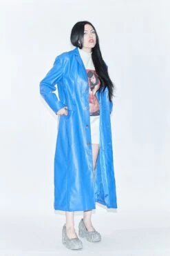 Unisex Blue Faux Leather Long Coat