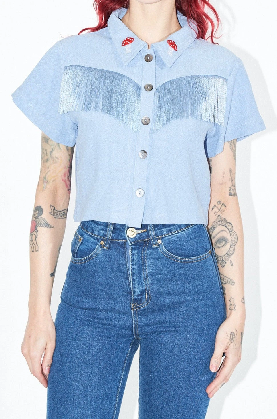Blue Linen Mushroom Fringe Blouse - Image 2