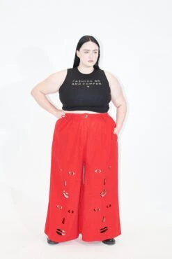 Face Cut Out Linen Wide Leg Trousers Red
