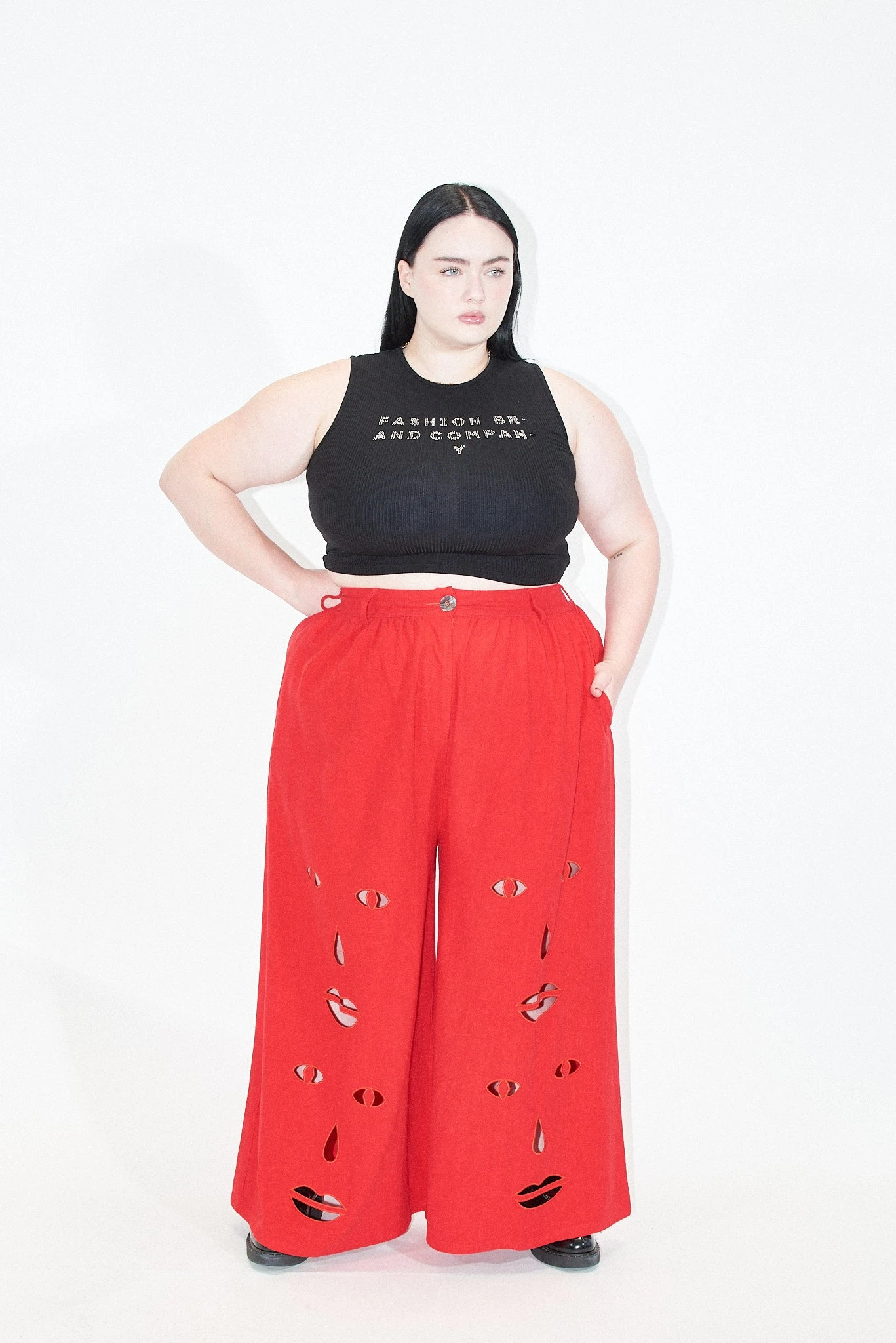 Face Cut Out Linen Wide Leg Trousers Red